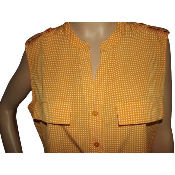 NY Collection Gold Polkadot Sleeveless Button Shirt Size Large white pockets - Picture 2 of 10
